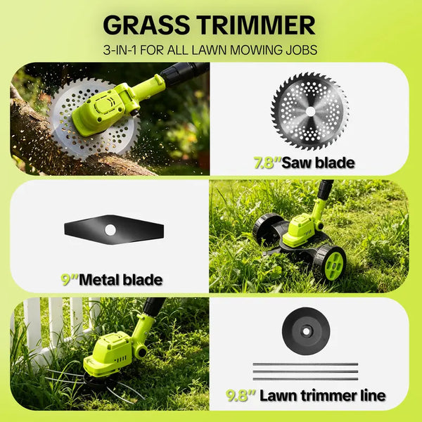 🌿 21V -  3‑in‑1 Cordless String Trimmer, Edger & Mini Mower