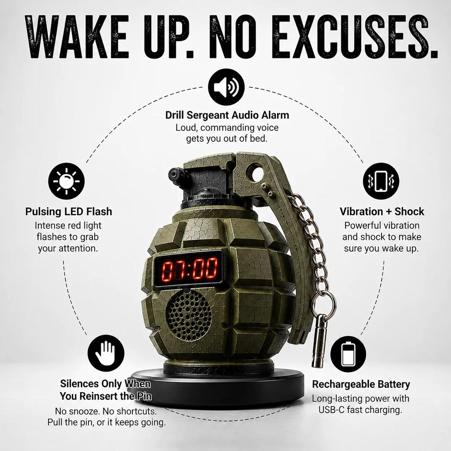 💣 Tactical Military Grenade Alarm Clock – Interactive Pin‑Pull Wake‑Up System