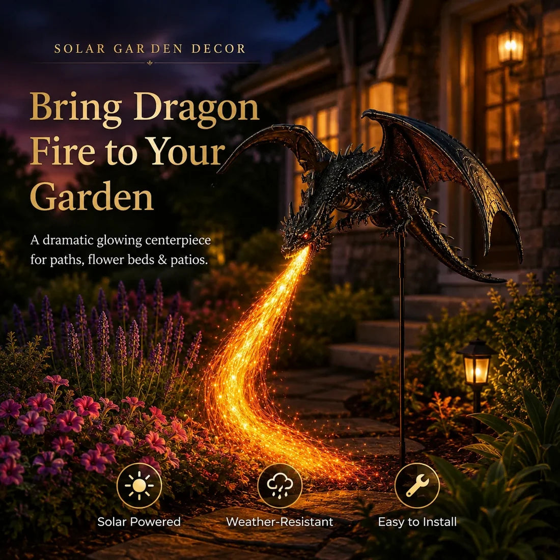 🐉 Solar Dragon Fire Garden Light – Mythical Metal Sculpture with Glowing Fire Effect✨