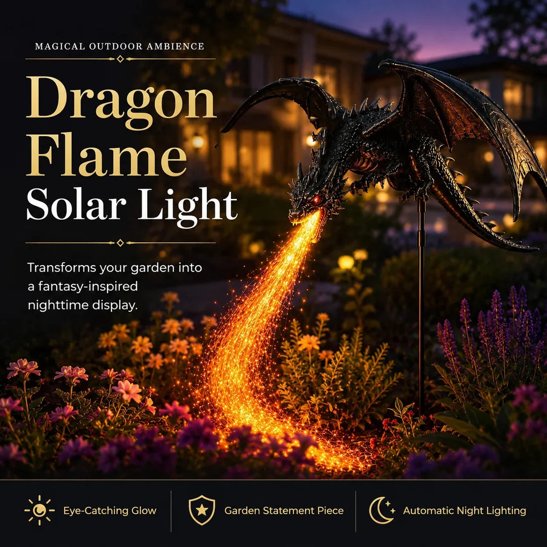 🐉 Solar Dragon Fire Garden Light – Mythical Metal Sculpture with Glowing Fire Effect✨