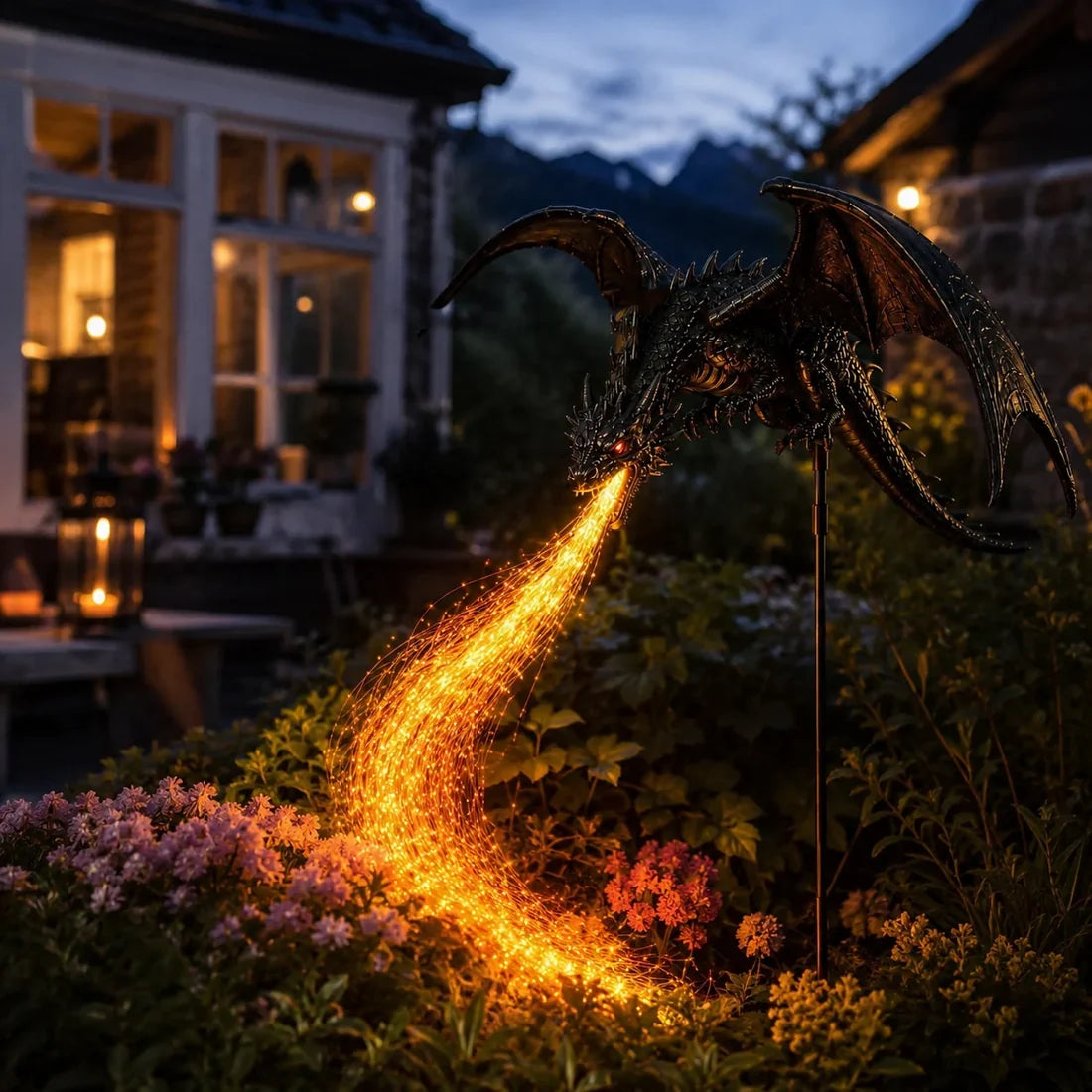 🐉 Solar Dragon Fire Garden Light – Mythical Metal Sculpture with Glowing Fire Effect✨