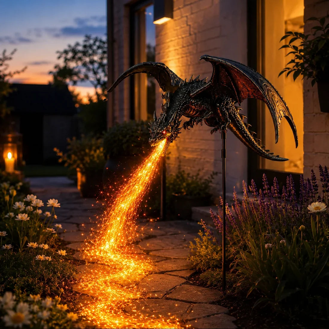 🐉 Solar Dragon Fire Garden Light – Mythical Metal Sculpture with Glowing Fire Effect✨