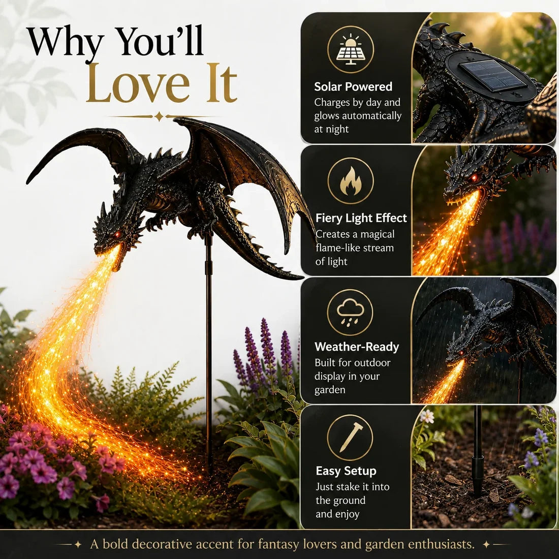 🐉 Solar Dragon Fire Garden Light – Mythical Metal Sculpture with Glowing Fire Effect✨