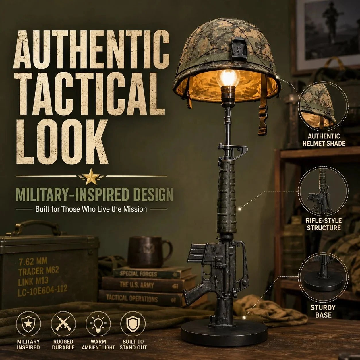 🎖️ Tactical Helmet Table Lamp – Pull the Trigger, Light Up Your Space