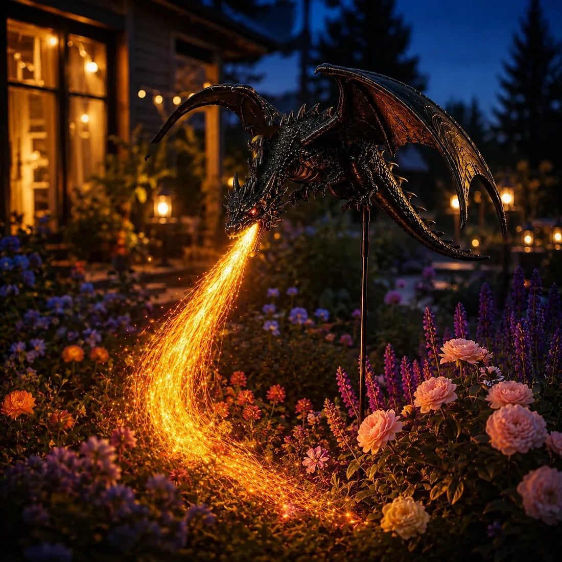 🐉 Solar Dragon Fire Garden Light – Mythical Metal Sculpture with Glowing Fire Effect✨